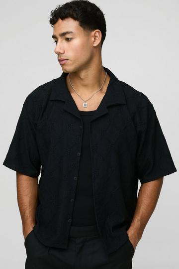 Oversized Boxy Revere Floral Broderie Shirt black