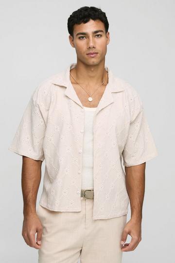 Oversized Boxy Broderie Bloemen Overhemd Met Revers Kraag stone