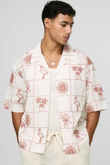 Oversized Half Sleeve Conversational Embroidered Shirt ecru