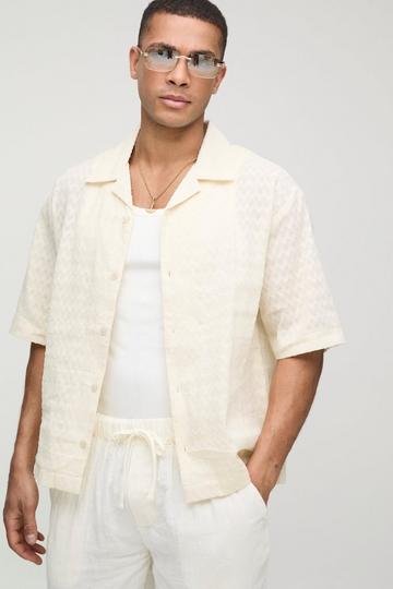 Oversized Overhemd Met Halve Mouwen, Textuur En Revers Kraag ecru