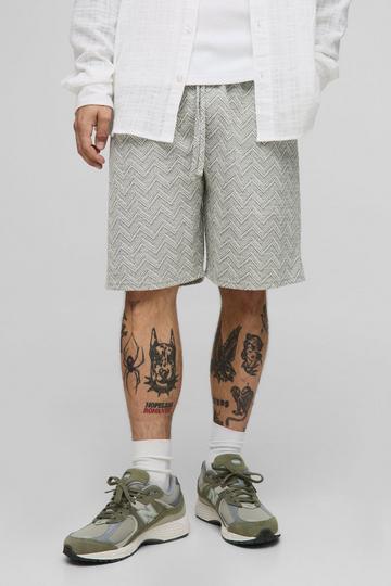 Elasticated Waist Straight Zig Zag Boucle Shorts sage