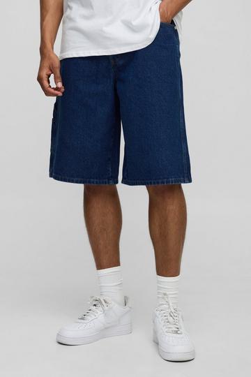 Baggy Fit Carpenter Contrast Stitch Denim Shorts mid blue