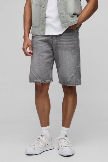 Relaxed Fit Panelled Washed Denim Shorts light grey