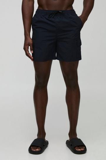 Regular Mid Length Cargo Crinkle Ripstop Swim Short black