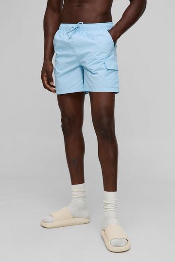 Regular Mid Length Cargo Crinkle Ripstop Swim Short light blue