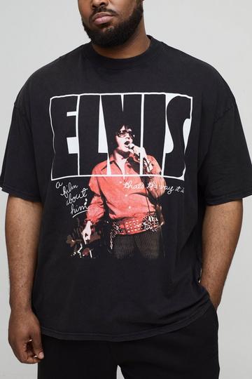 Plus Oversized Elvis Presley License Acid Wash Print T-Shirt acid wash black