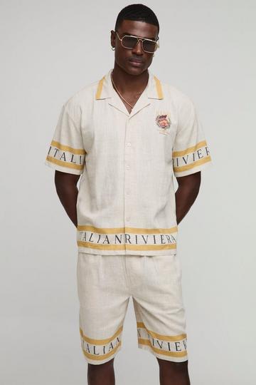 Oversized Heavyweight Linen Border Print Riviera Shirt & Short Set natural