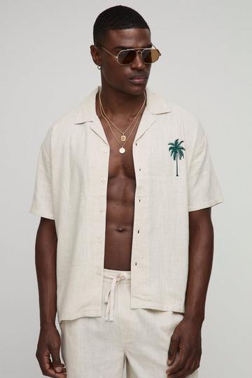 Oversized Revere Heavyweight Linen Palm Tree Printed Shirt natural