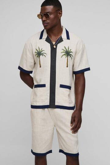 Oversized Dik Linnen Palm Print Overhemd En Shorts Set natural