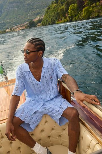 MAN Oversized Boxy Embroidered Wavy Crochet Knitted Shirt light blue