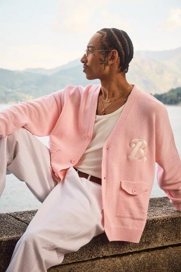 Oversized Drop Shoulder Embroidered Knitted Cardigan pink
