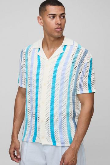Relaxed Open Stitch Stripe Knitted Shirt blue