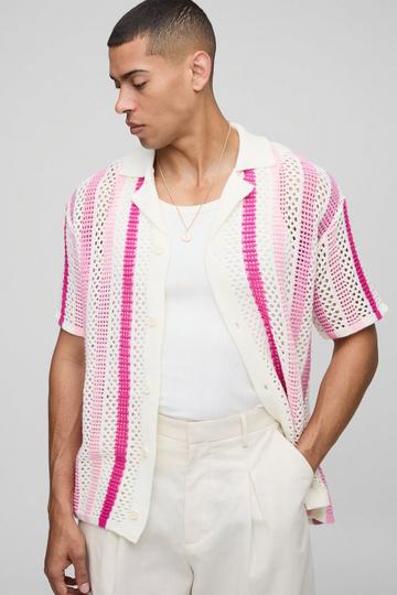 Relaxed Open Stitch Stripe Knitted Shirt pink