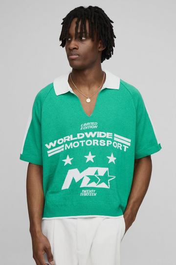Worldwide Oversized Boxy Moto Jacquard Knitted Polo green