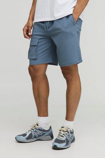 Elasticated Waist Relaxed Fit Crinkle Textured Cargo Shorts blue