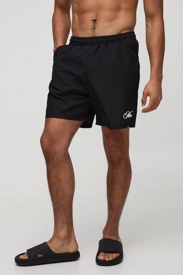 Branded Regular fit Mid length Embroidered Swim Shorts black