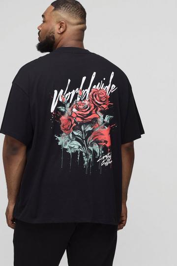 Plus Oversized Extended Neck Worldwide Floral Print T-Shirt black