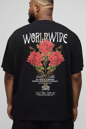 Plus Oversized Extended Neck Worldwide Floral Print T-Shirt black