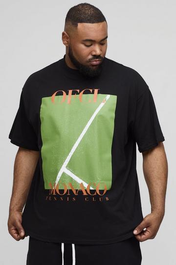 Plus Oversized Extended Neck Monaco Tennis Club Print T-Shirt black