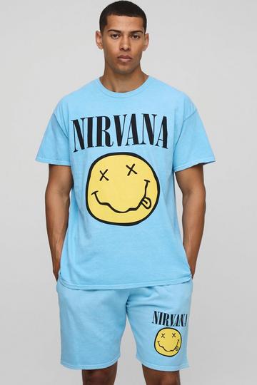 Brown Light Blue Oversized Nirvana License T-Shirt & Short Set