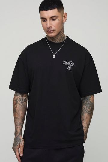 Tall Oversized Extended Neck Embroidered Rio De Janeiro Embroidered T-Shirt black