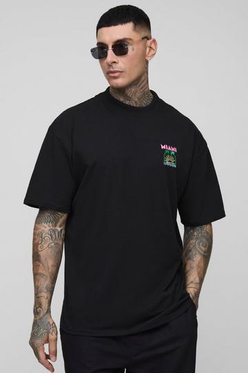 Tall Oversized Extended Neck Miami Palm Embroidered T-Shirt black