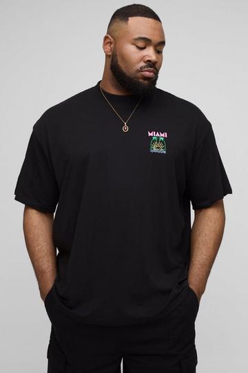 Black Plus Oversized Extended Neck Embroidered Miami Palm Tree T-Shirt