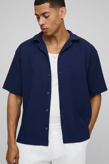 Oversized Geplooid Overhemd Met Korte Mouwen En Revers Kraag navy