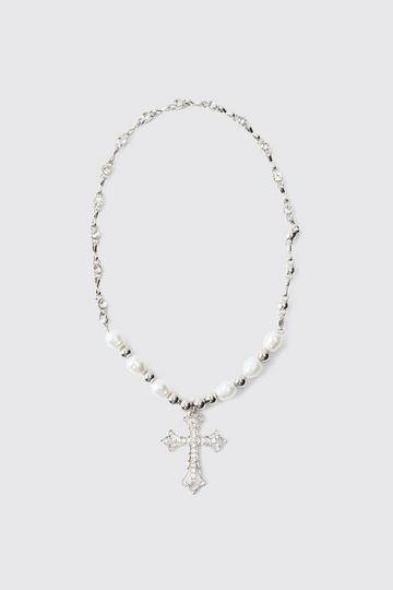 Parel Ketting Met Kruis silver