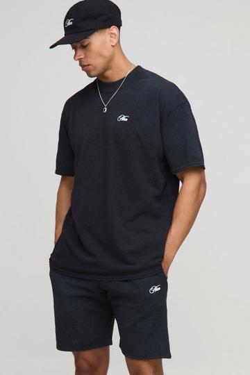 Oversized Man Script Washed T-Shirt And Short Set grey