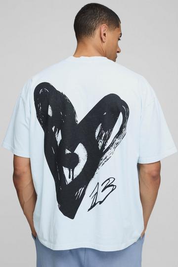 Light Blue Oversized Extended Neck Graffiti Heart Washed Printed T-Shirt light blue
