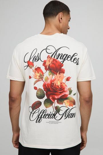 Man Oversized Ecru Los Angeles Bloemen T-Shirt Met Brede Nek ecru