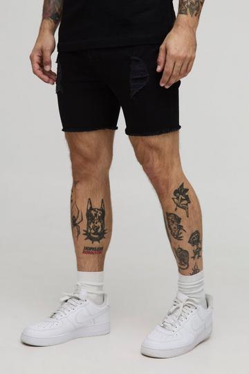 Skinny Stretch Ripped Raw Hem Denim Shorts true black