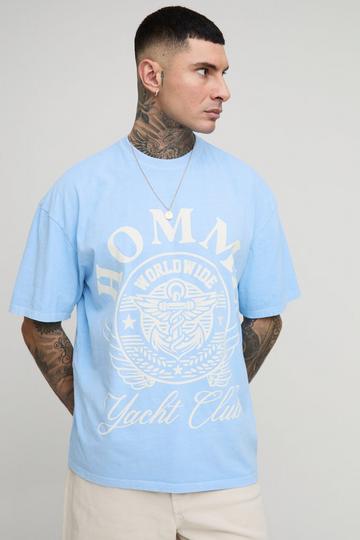 Tall Oversized Homme Varsity Print Overdye T-Shirt light blue
