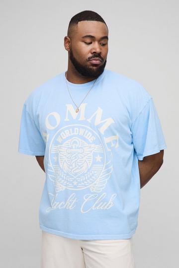 Plus Oversized Homme Varsity Print Overdye T-Shirt light blue