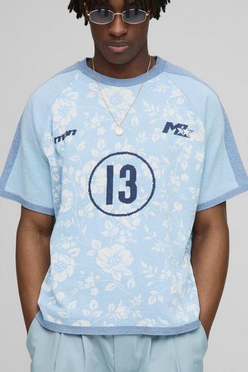 Oversized Boxy Floral Varsity Jacquard Knitted T-shirt light blue