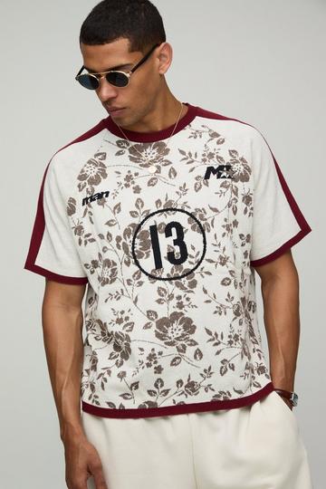 Oversized Boxy Floral Varsity Jacquard Knitted T-shirt white