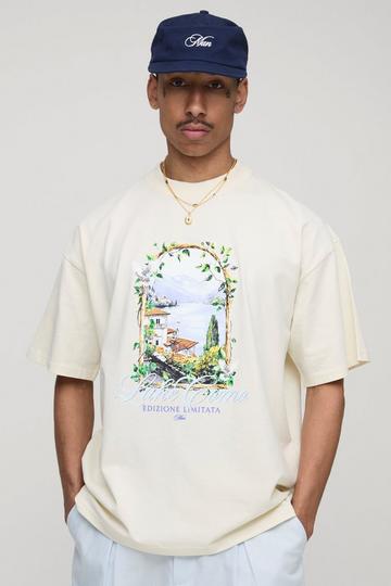 Ecru Oversized Extended Neck Lake Como Window Printed T-Shirt ecru