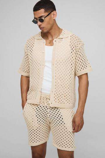 Oversized Boxy Open Stitch Shirt & Short Set stone