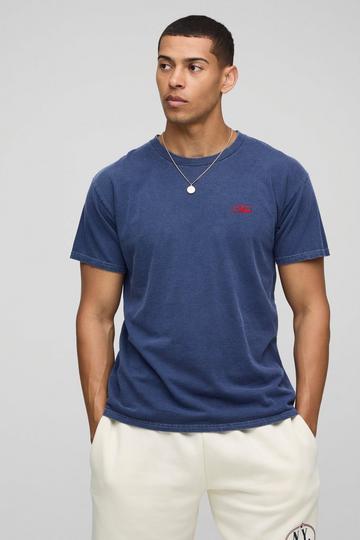 Regular Fit MAN Script Embroidered Washed T-shirt navy