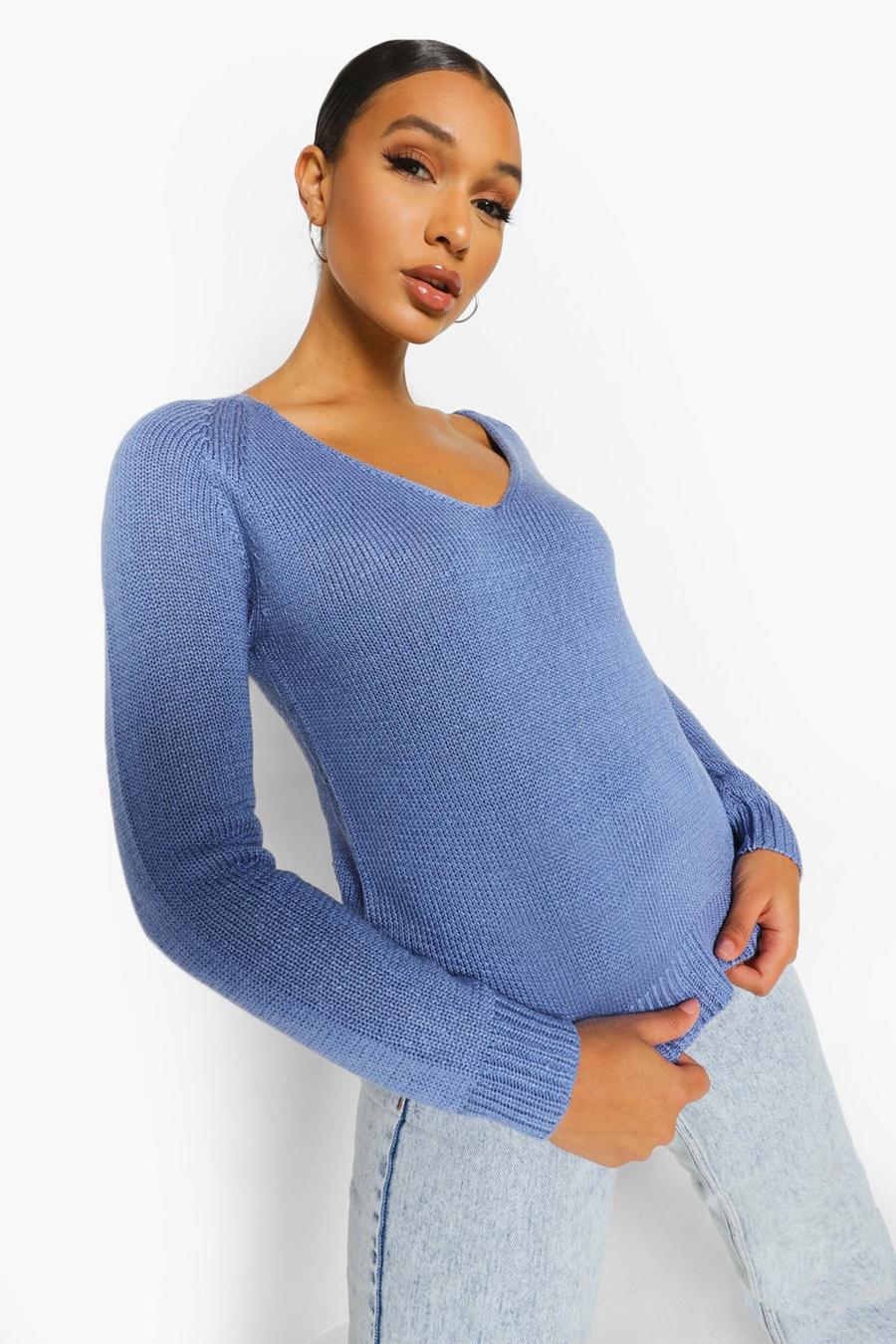Blue V Neck Knitted Sweater image number 1
