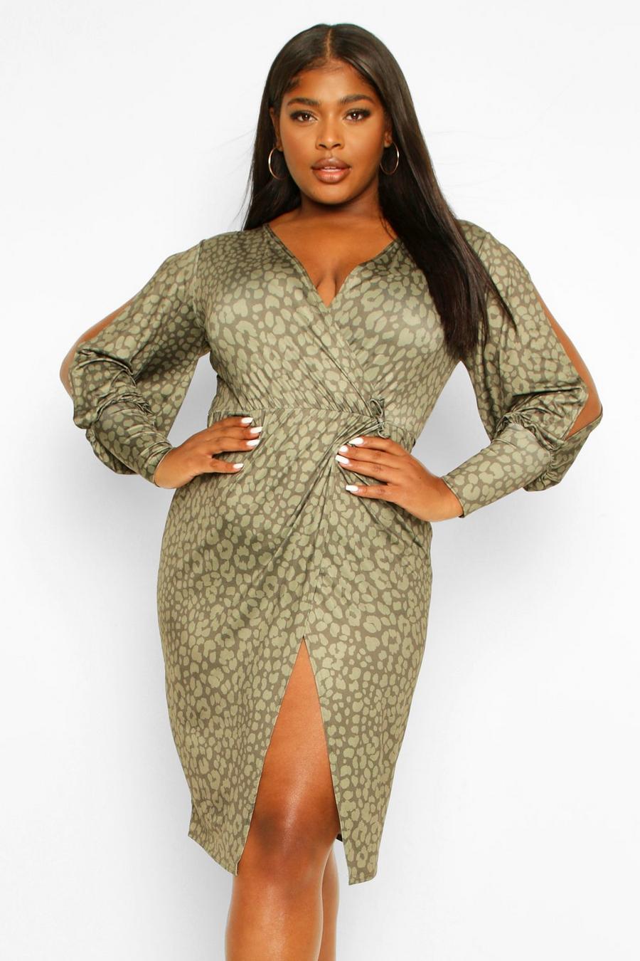 Khaki Leopard Print Wrap Dress image number 1