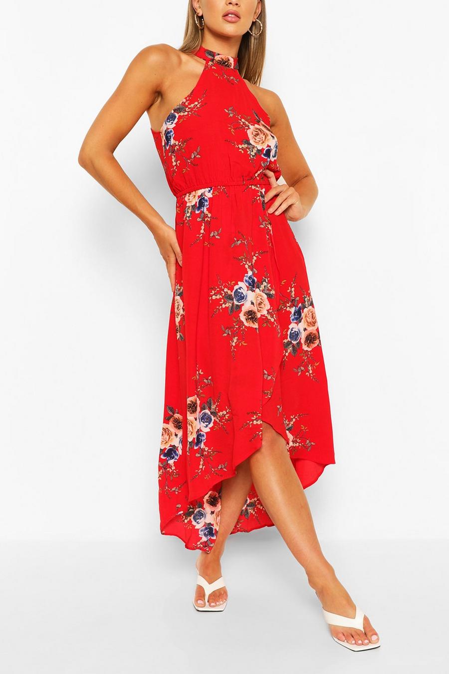 Robe Midi moulante fleurie, Rouge image number 1