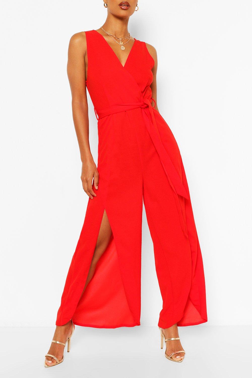 red sleeveless jumpsuit