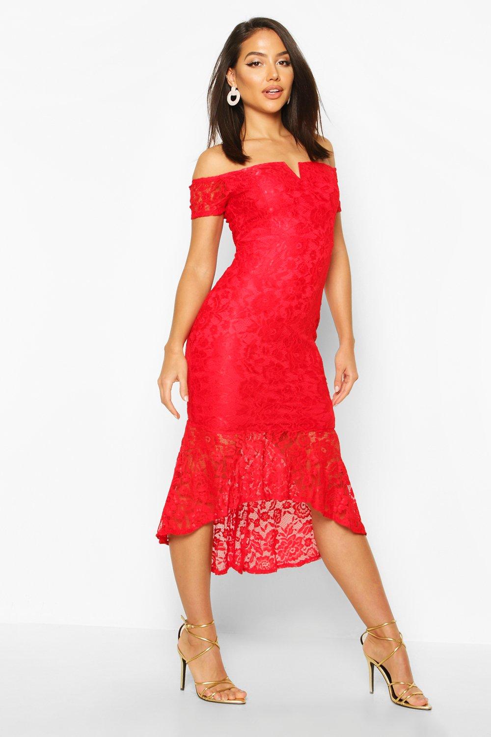 red bardot fishtail midi dress