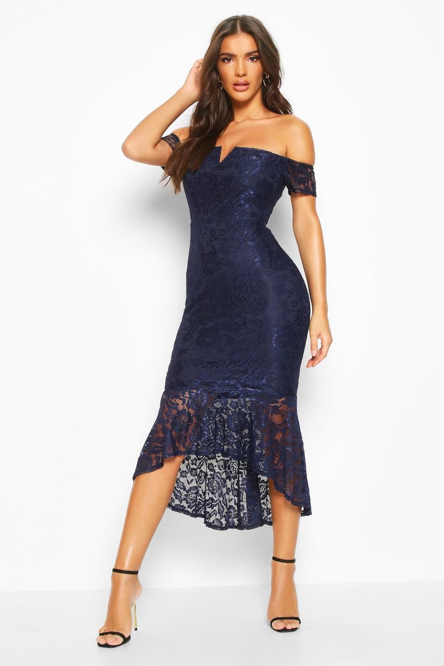 Navy Lace Off The Shoulder Fishtail Midi image number 1