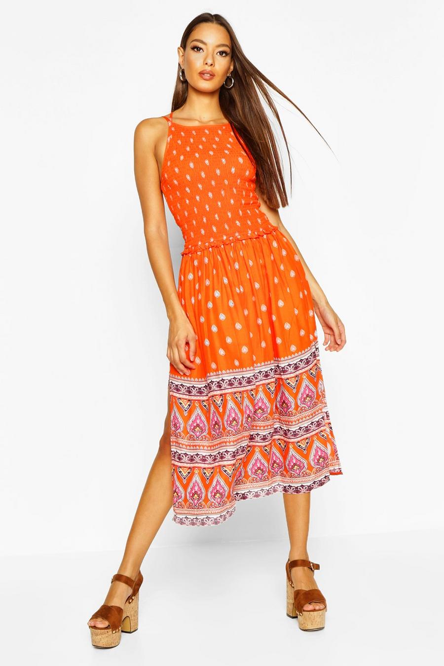 Woven Shirred Strappy Border Print Sundress image number 1