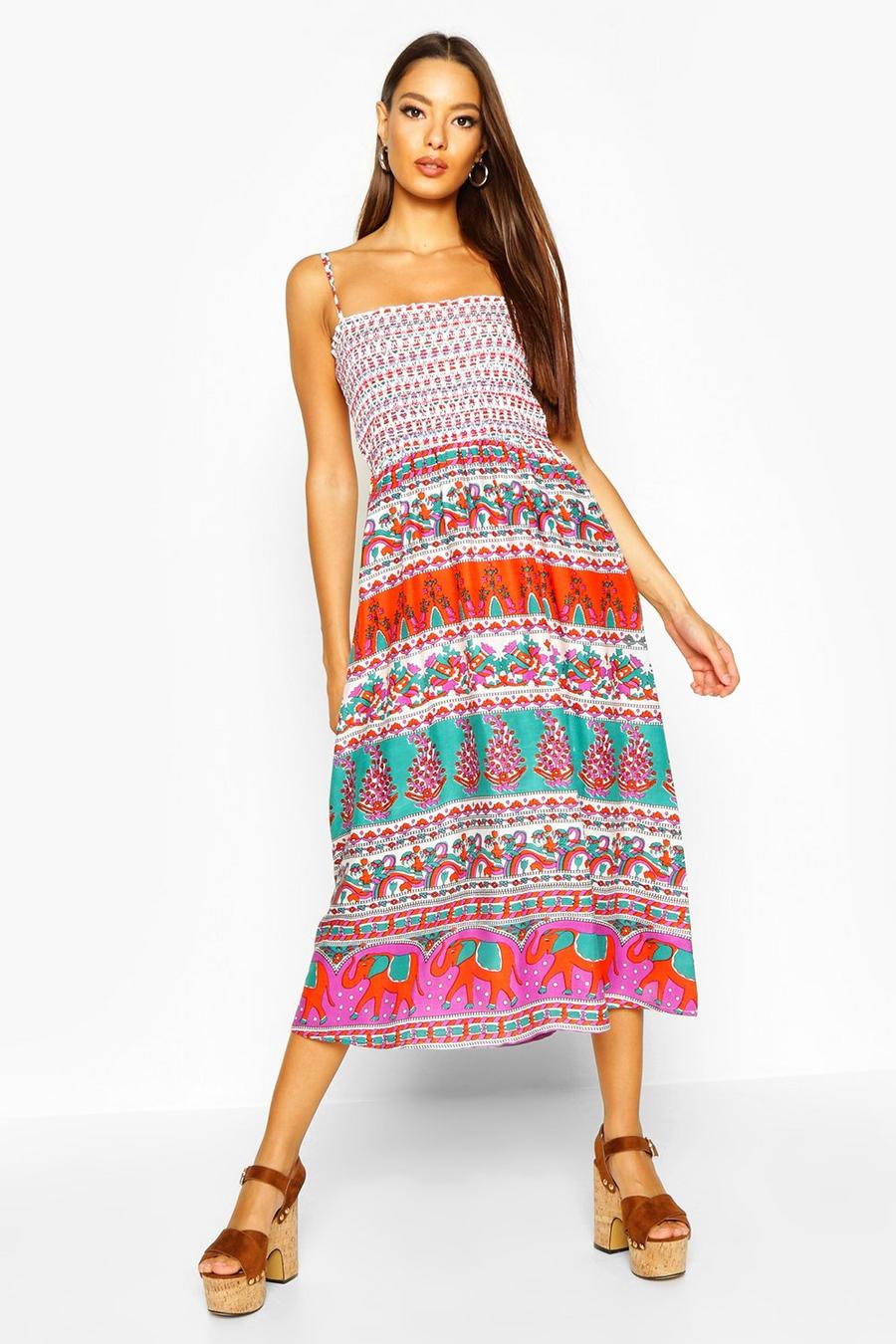 Red rouge Woven Aztec Print Shirred Sundress image number 1