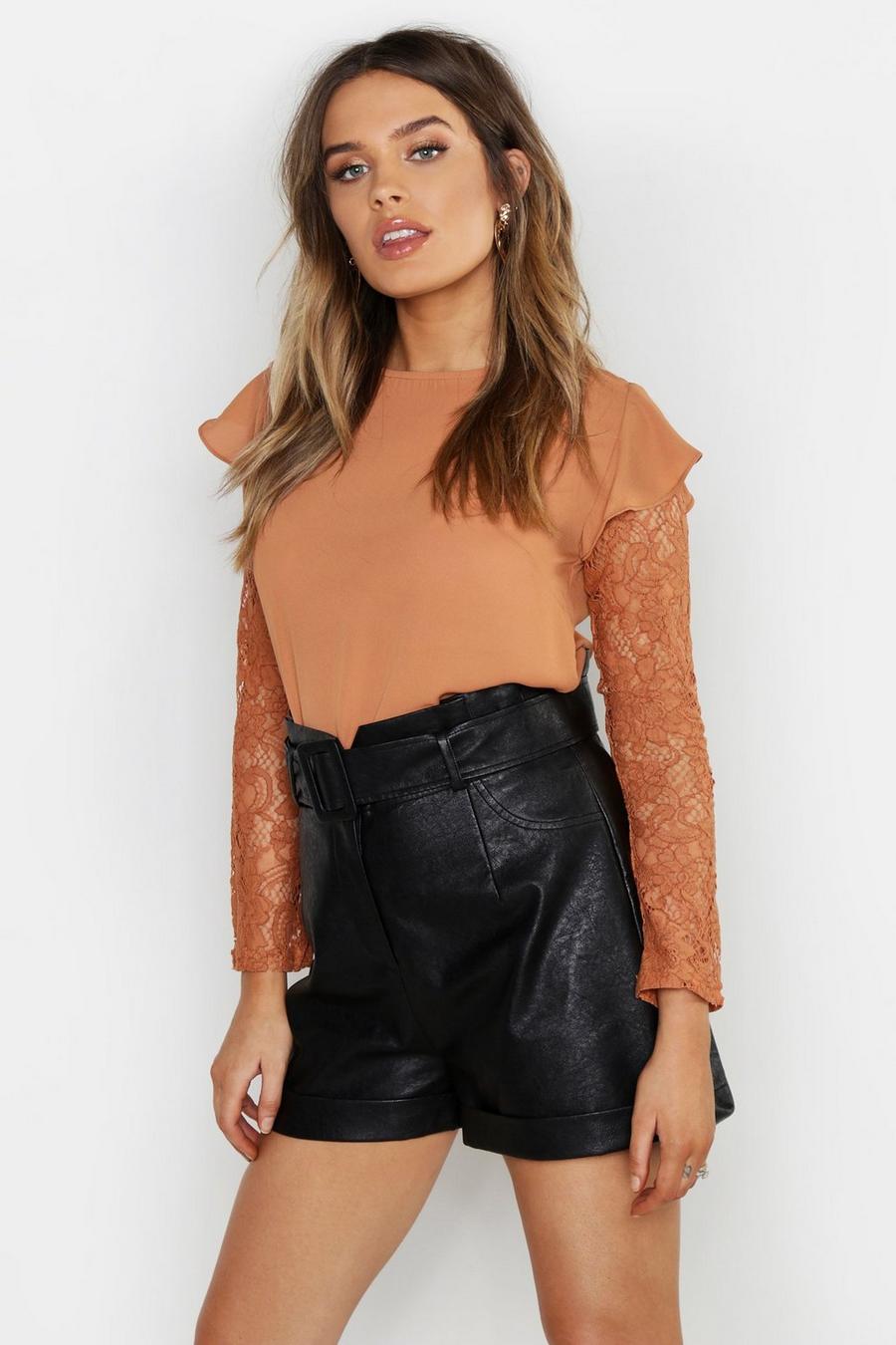 Camel Lace Sleeve Woven Top image number 1