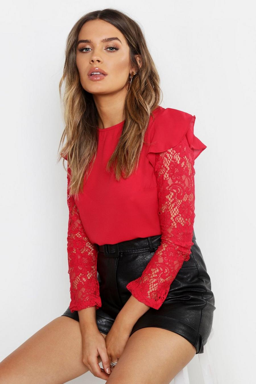 Red Lace Sleeve Woven Top image number 1